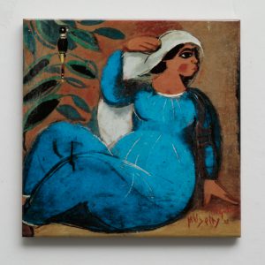 אריח קרמיקה "אישה עם ציפור שחורה"